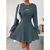 Women's Knit Dress Set | Ribbed with Hoodie & Sleeveless A-Line
