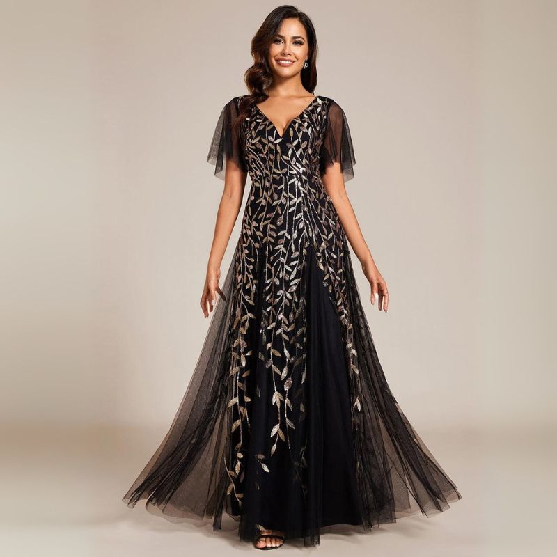 Fiora | Damen Hochzeitsgast Kleid | V-Ausschnitt und Pailletten