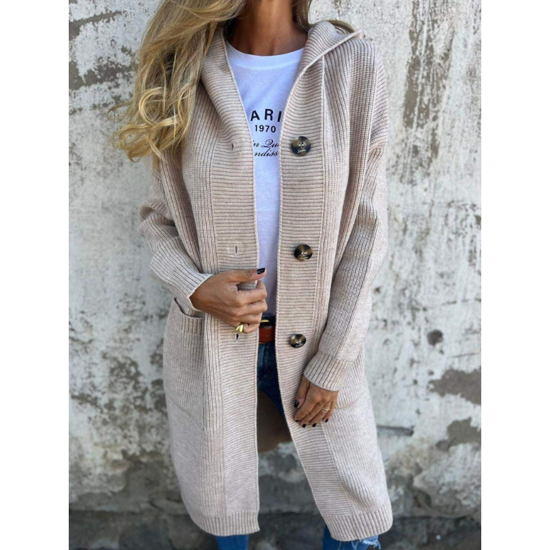 Damen Cardigan Lang | Mit Kapuze & Großen Knöpfen