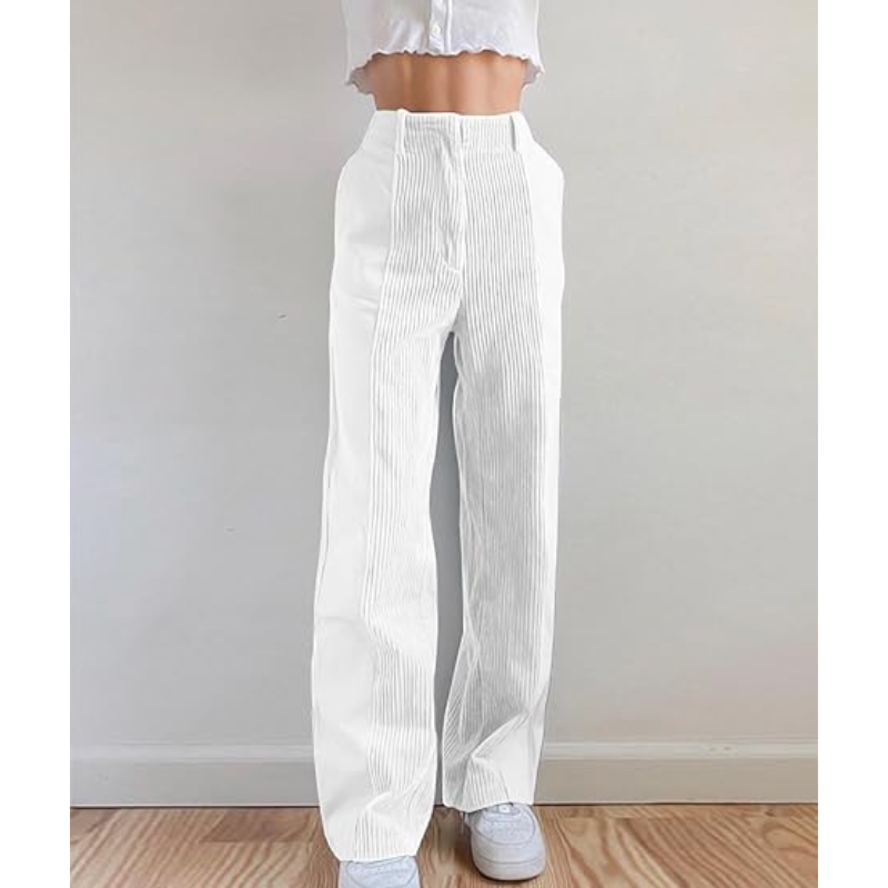 Damen Weiße Cordhose | Weites Bein & Hoch Geschnitten