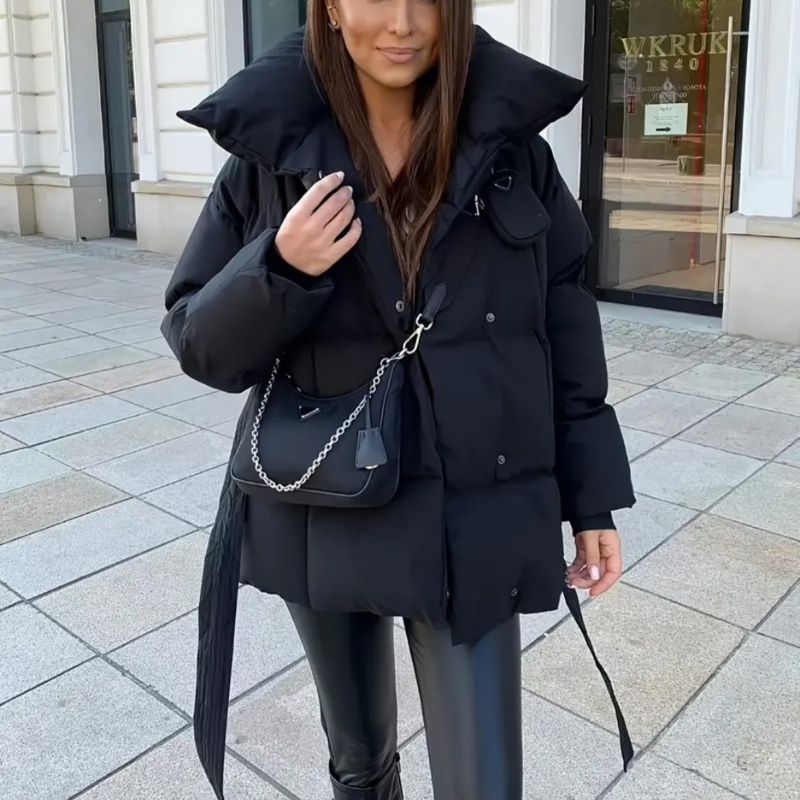 Damen Winter Kurzjacke | Tailliert Schwarz Mit Gürtel