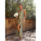 Green maxi dress for wedding guest | One shoulder