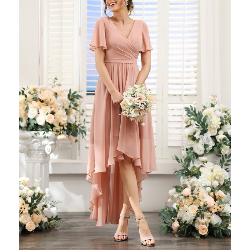 Damen A-Linie Hochzeitsgast Kleid | Maxi Kurzarm & V-Ausschnitt
