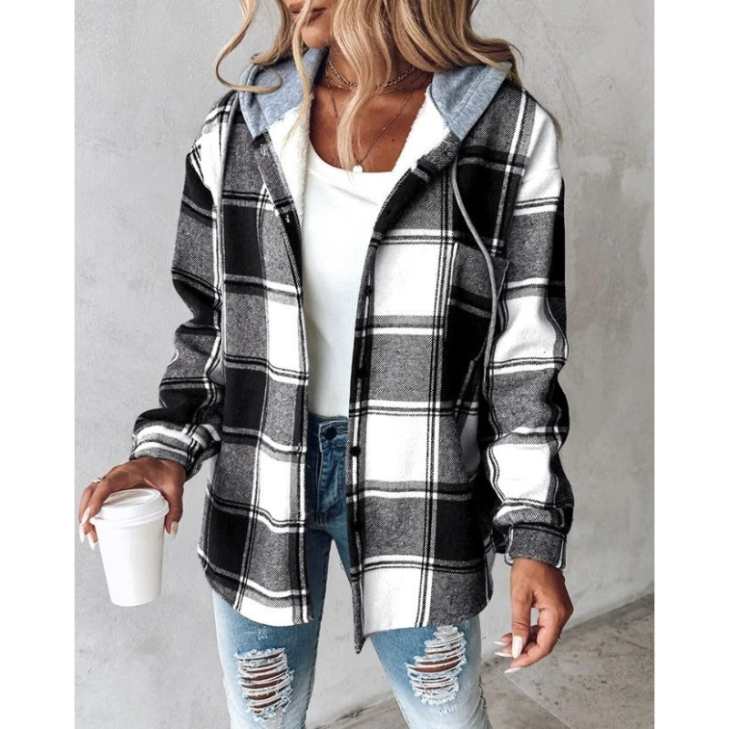 Damen Hoodie Winter | Kariert & Mit Knopfverschluss