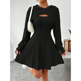 Women's Knit Dress Set | Ribbed with Hoodie & Sleeveless A-Line