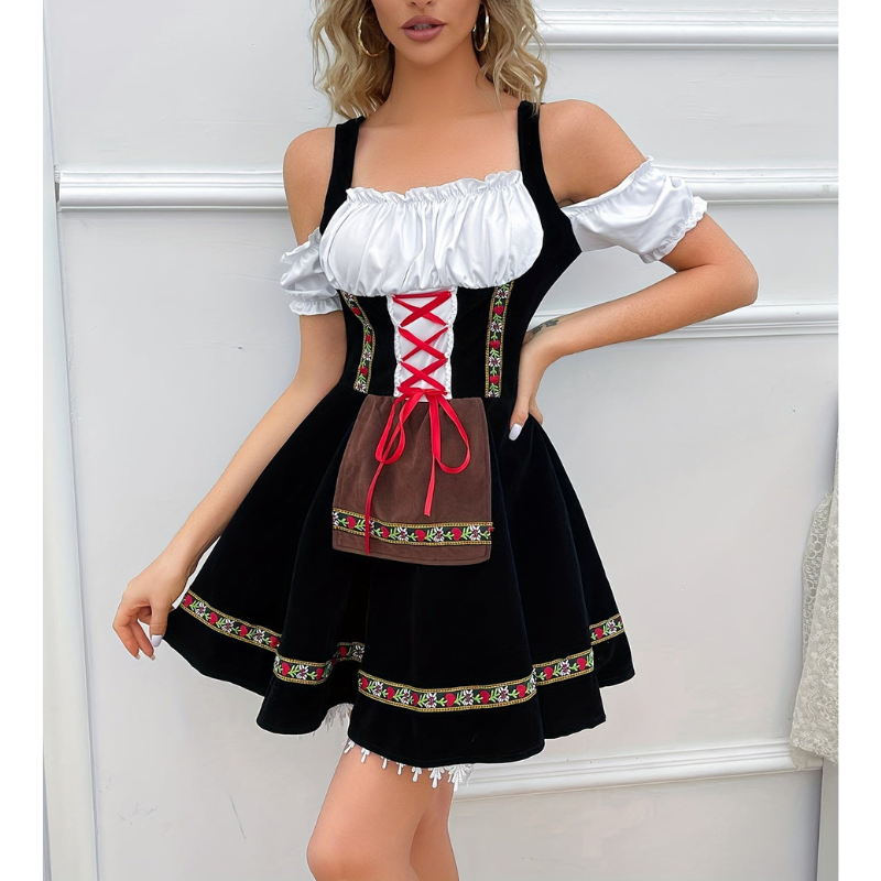 Damen Dirndl Oktoberfest 2025 | Mit Schnürung & Bestickter Mini-Schürze