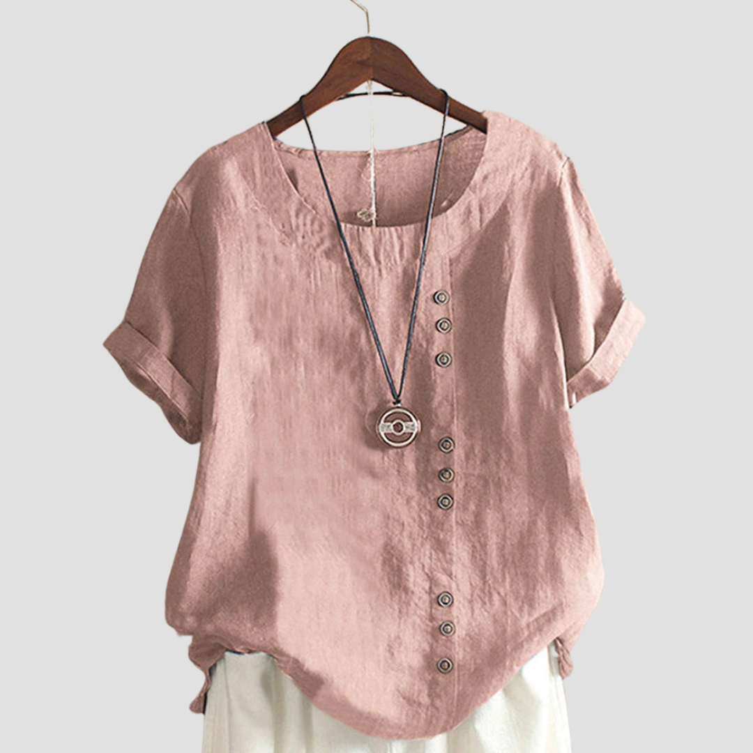 Anne | Damenbluse mit einfarbigem Knopfdesign und kurzen Ärmeln moda