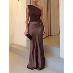 One Shoulder Pleated Maxi Evening Dress