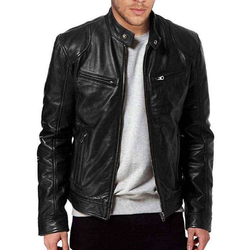 Men's leather jacket with biker collar