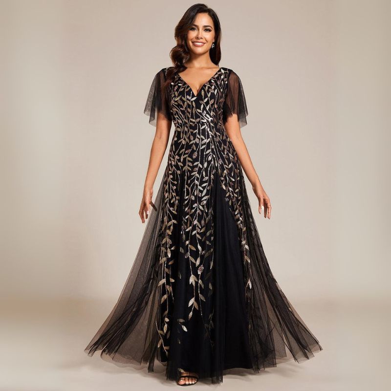 Fiora | Damen Hochzeitsgast Kleid | V-Ausschnitt und Pailletten