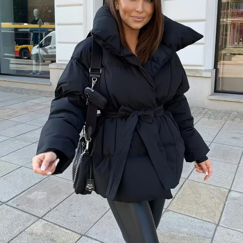 Women's Winter Short Jacket | Fitted Black with Belt