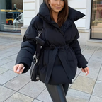 Women's Winter Short Jacket | Fitted Black with Belt