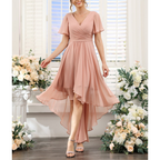 Women's A-line wedding guest dress | Maxi short sleeve & V-neck