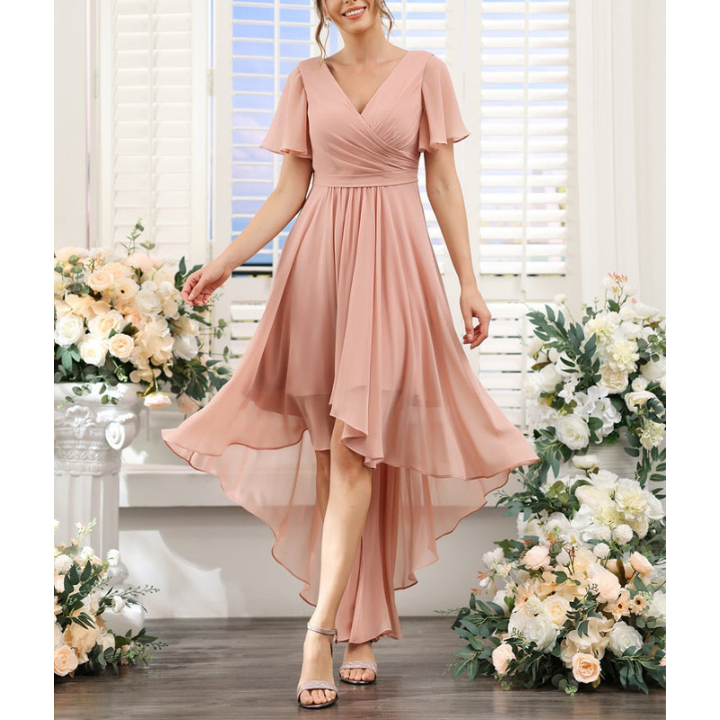 Women's A-line wedding guest dress | Maxi short sleeve & V-neck
