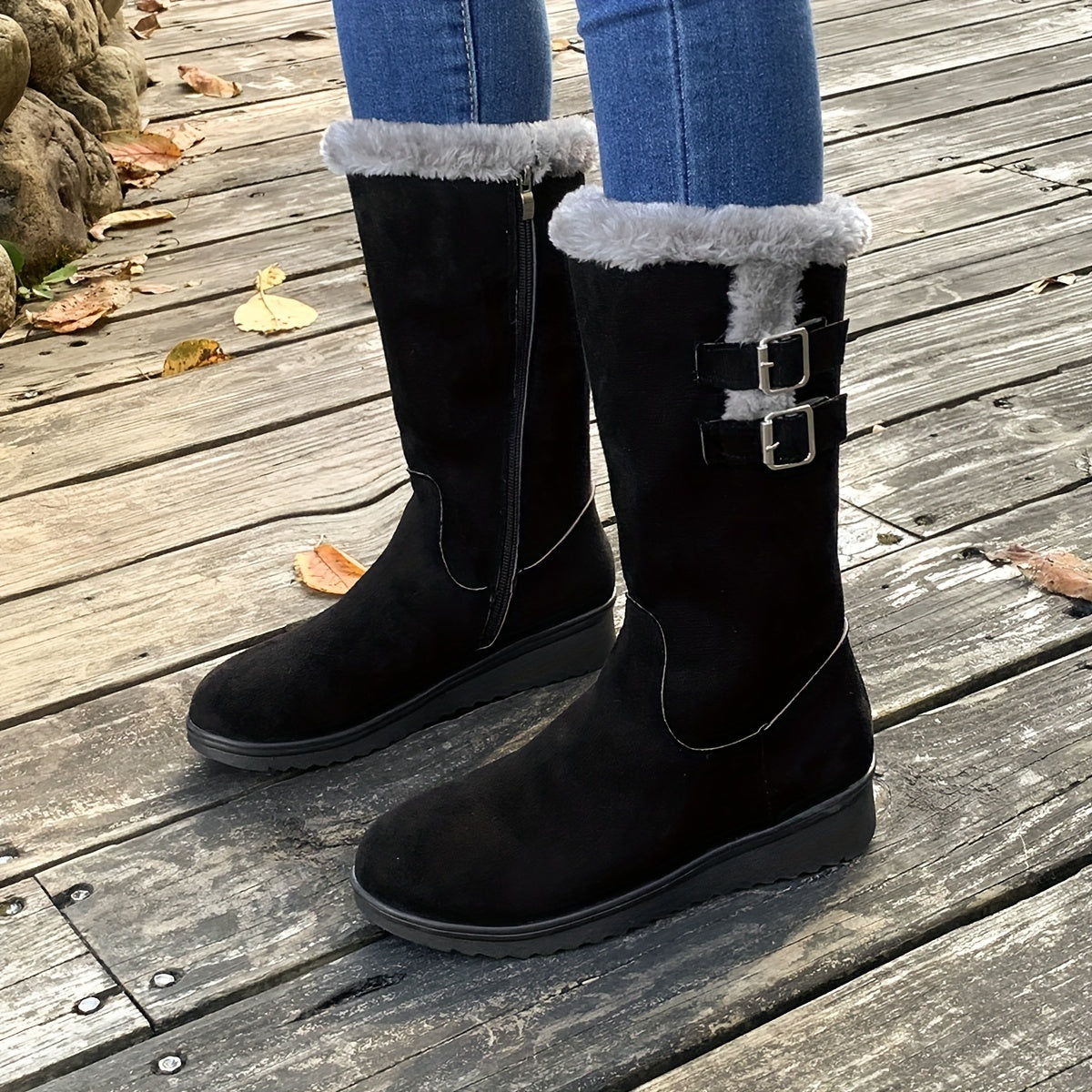 Schwarze Boots Damen | Mittelhoch Mit Kunstfellfutter