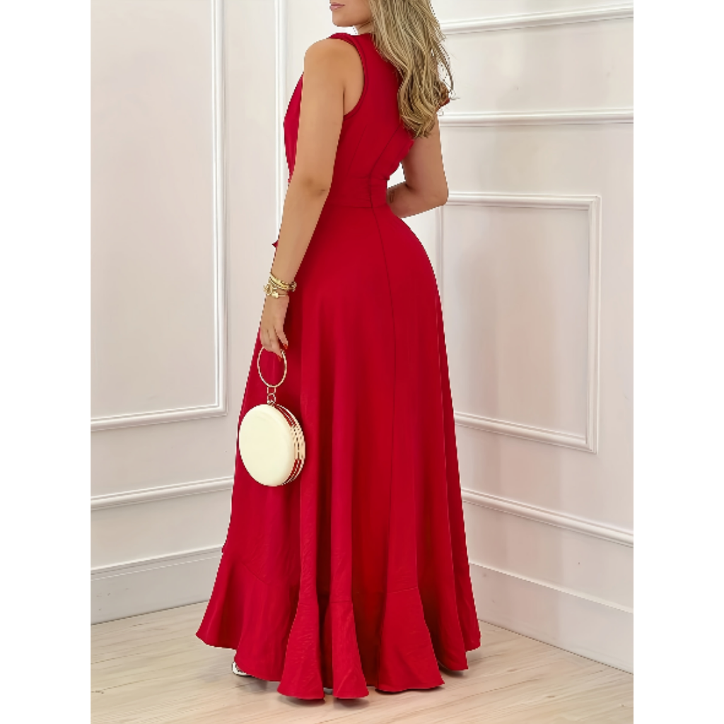 Kleid als Hochzeitsgast Rot | Maxikleid | V-Ausschnitt & Asymmetrisch