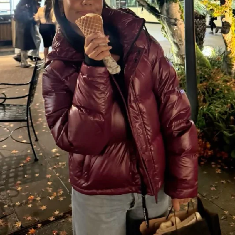 Damen Pufferjacke | Bordeaux Daunenjacke Mit Kapuze