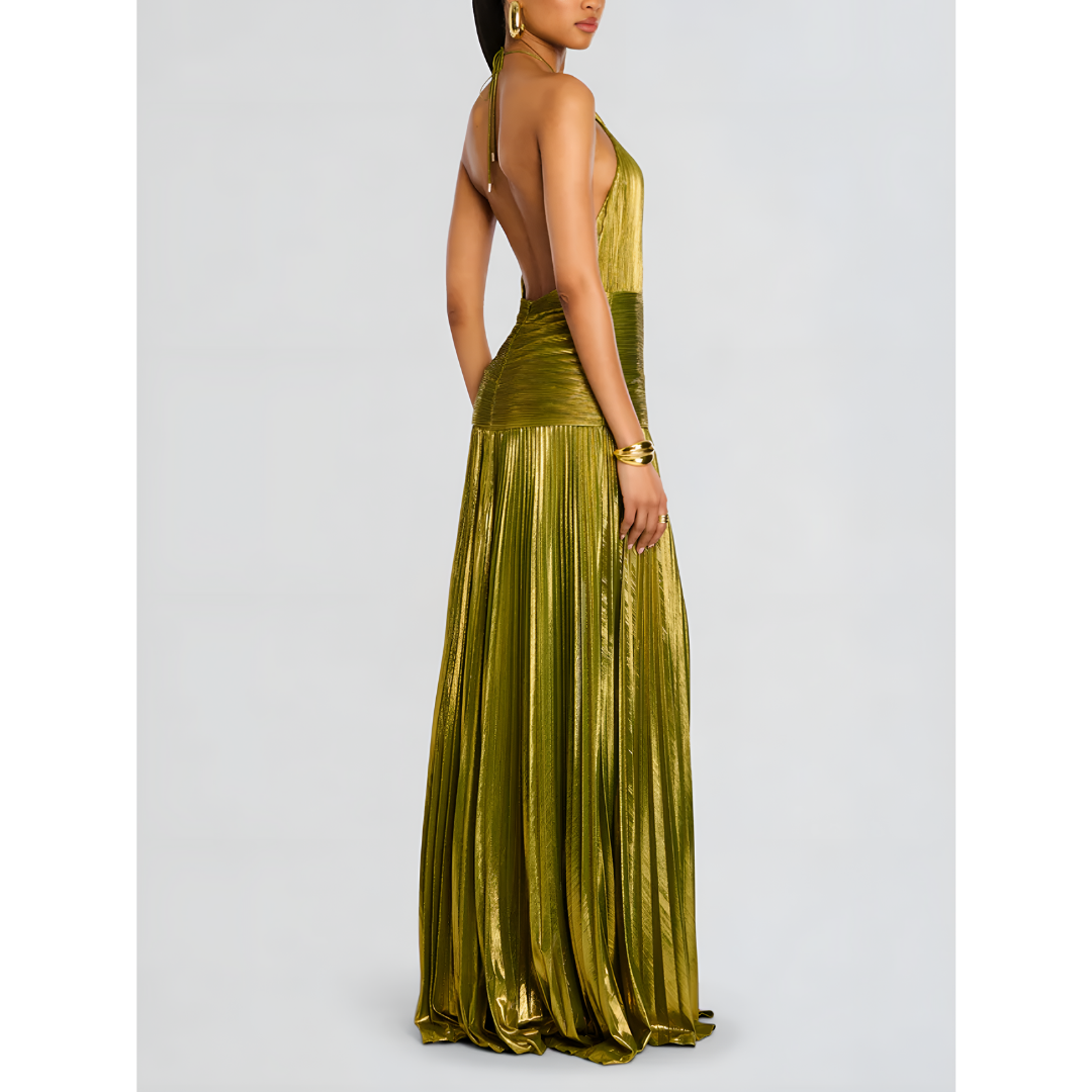Hochzeitsgast Kleid Metallic | Plissiert mit Neckholder | Maxikleid