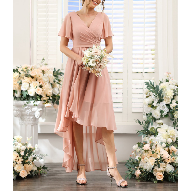 Women's A-line wedding guest dress | Maxi short sleeve & V-neck