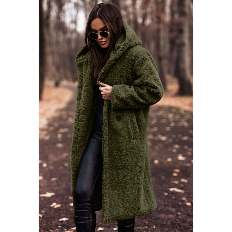 Damen Teddy Mantel mit Kapuze | Lang