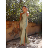 Green maxi dress for wedding guest | One shoulder