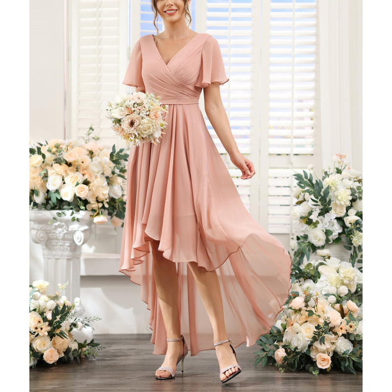 Women's A-line wedding guest dress | Maxi short sleeve & V-neck