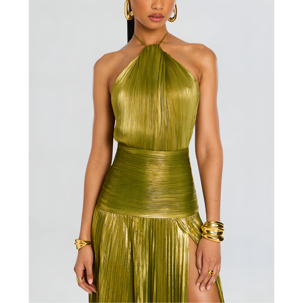 Hochzeitsgast Kleid Metallic | Plissiert mit Neckholder | Maxikleid