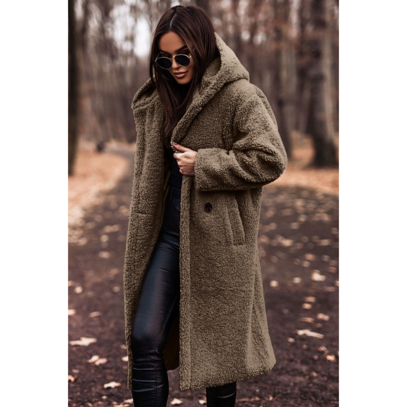 Damen Teddy Mantel mit Kapuze | Lang