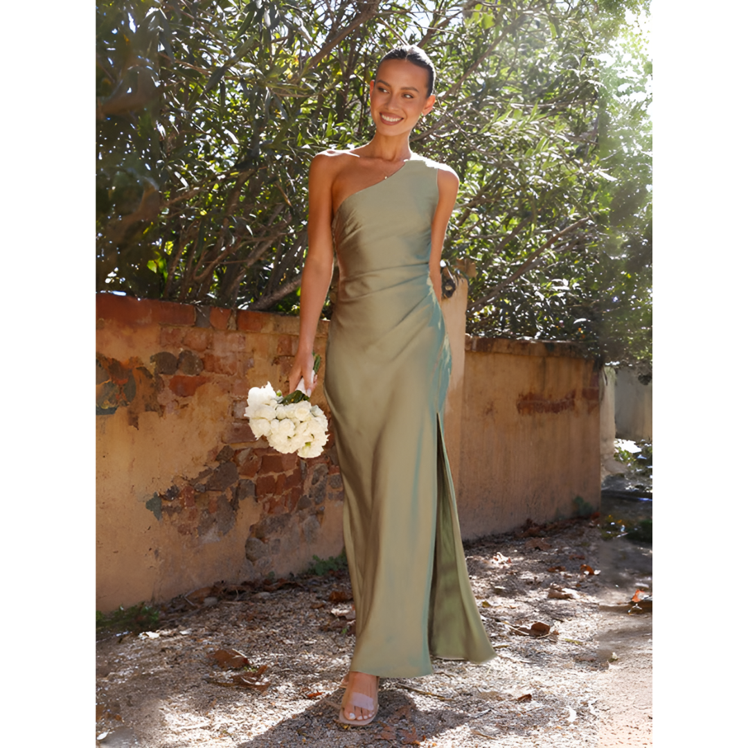Green maxi dress for wedding guest | One shoulder