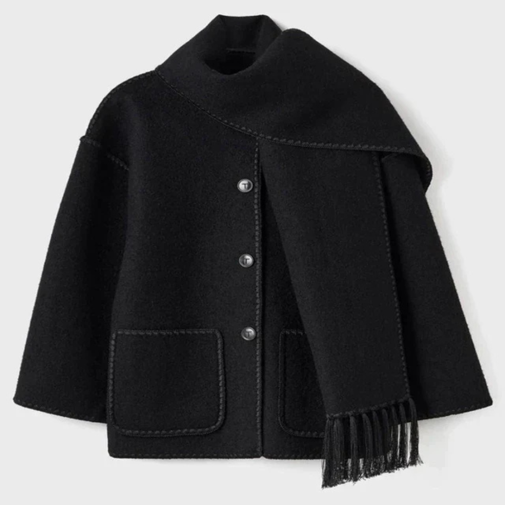 Sia | Kort jakke til kvinder med forskellige tørklæder til vinter og efterår-Sort-Sia | Veste Courte pour Femmes avec Écharpe Assortie pour l’Hiver et l’Automne - €37-Bentzen Butik