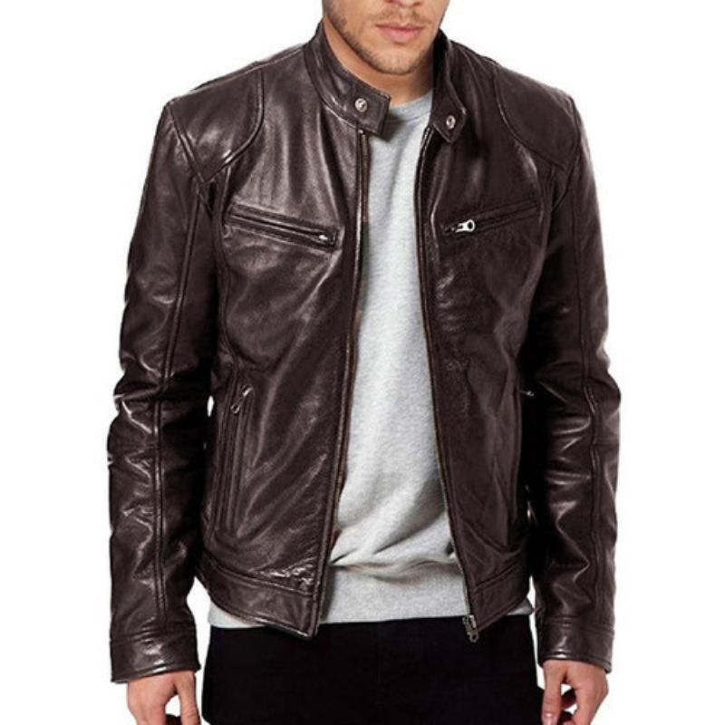 Men's leather jacket with biker collar