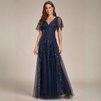 Fiora | Damen Hochzeitsgast Kleid | V-Ausschnitt und Pailletten