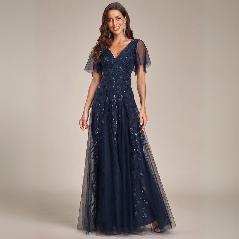 Fiora | Damen Hochzeitsgast Kleid | V-Ausschnitt und Pailletten