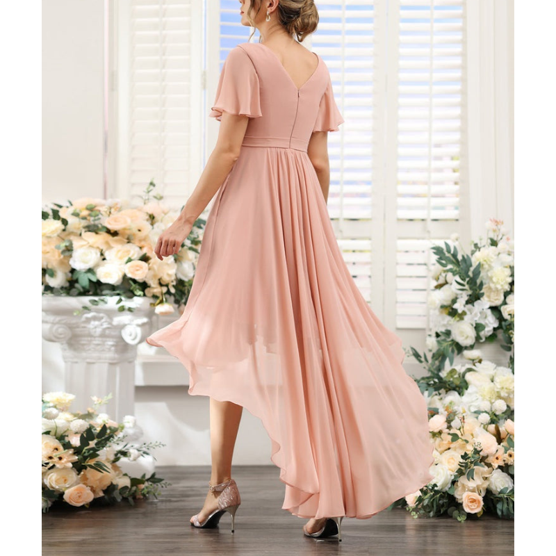 Women's A-line wedding guest dress | Maxi short sleeve & V-neck