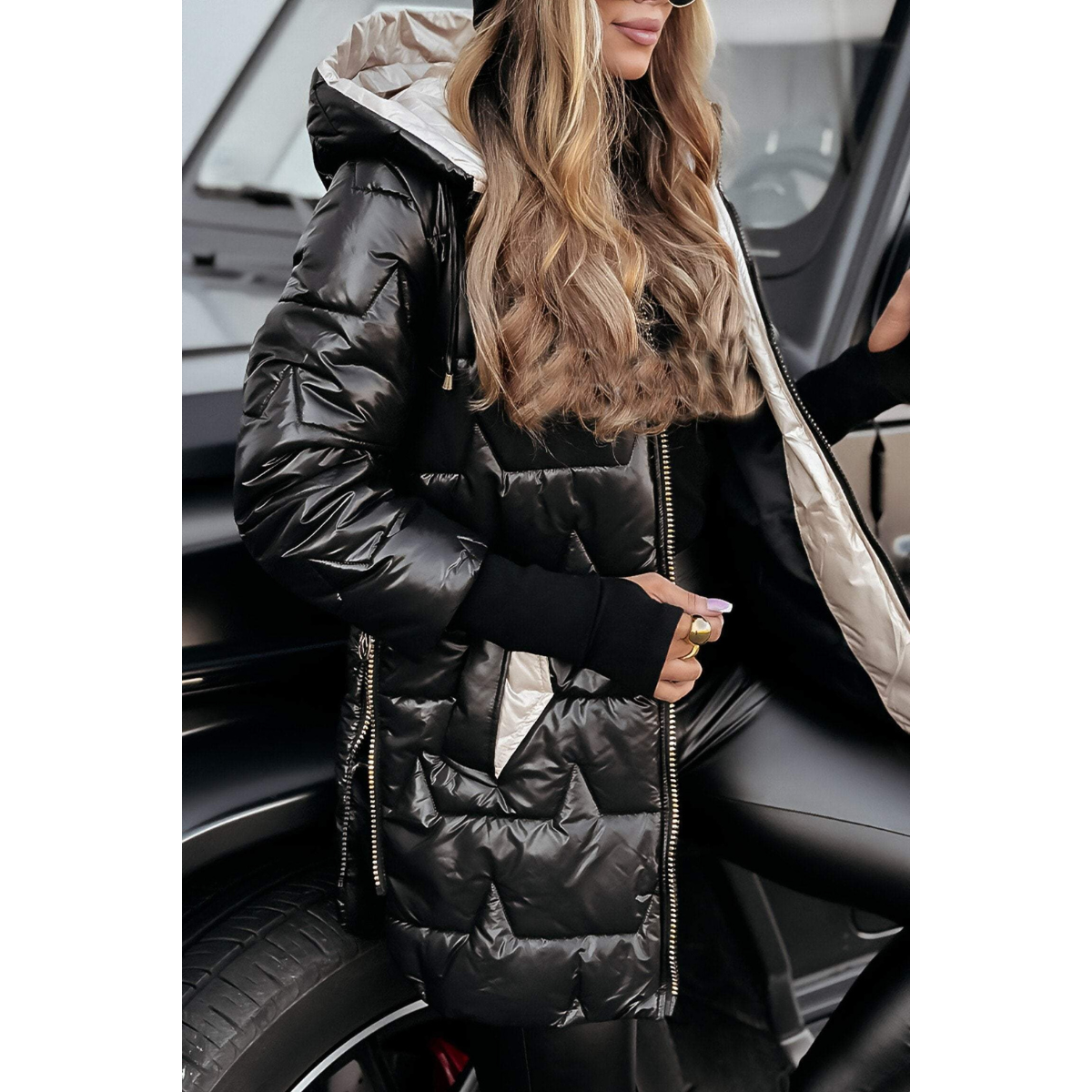 Lange Pufferjacke Damen mit Kapuze