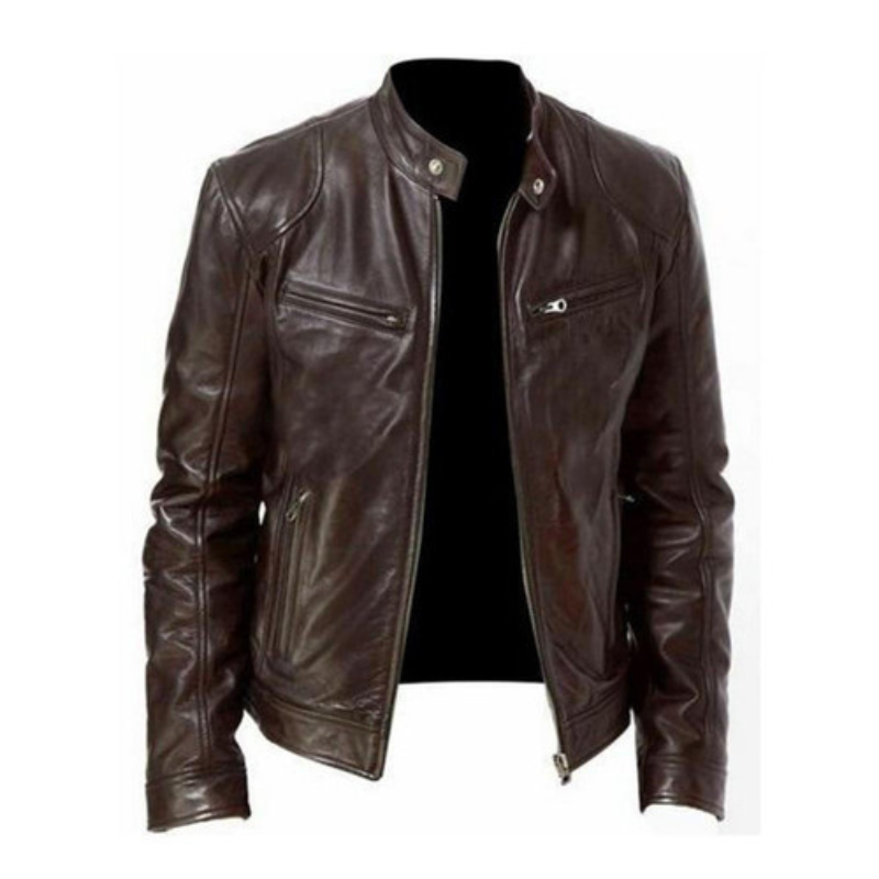 Men's leather jacket with biker collar