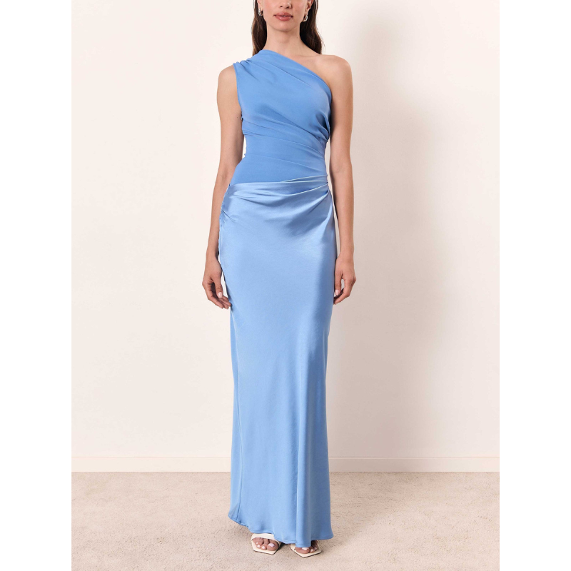 One Shoulder Pleated Maxi Evening Dress