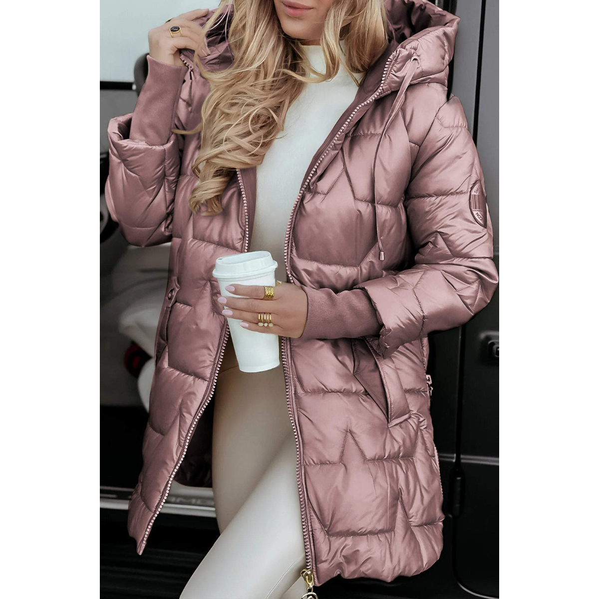 Lange Pufferjacke Damen mit Kapuze