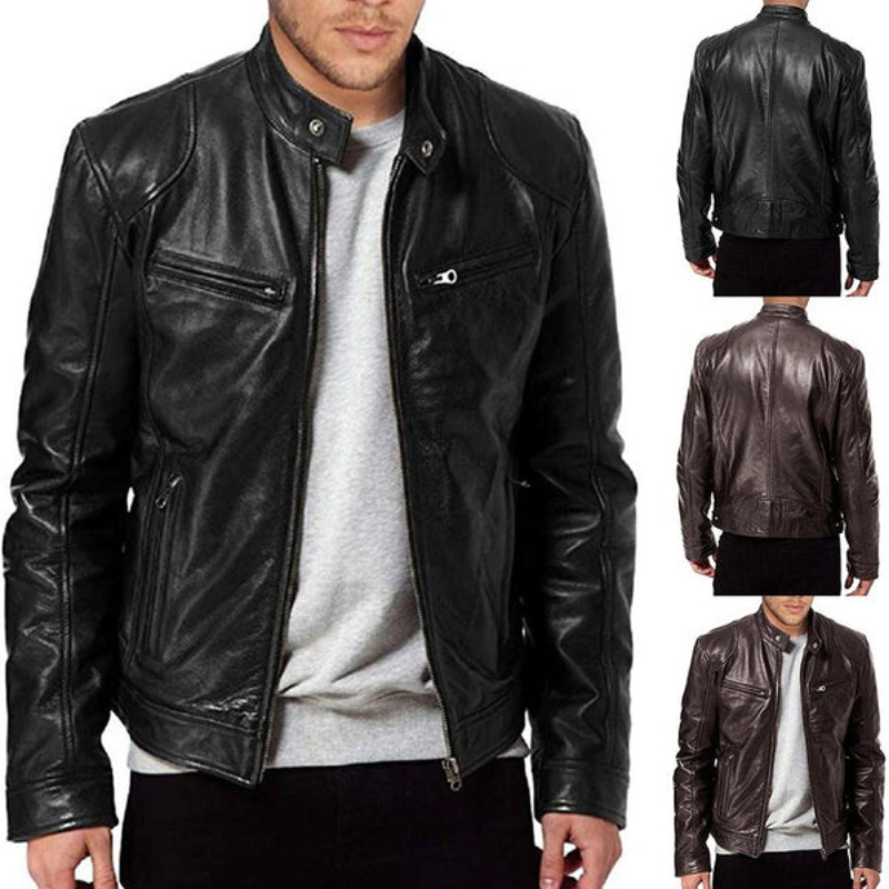 Men's leather jacket with biker collar