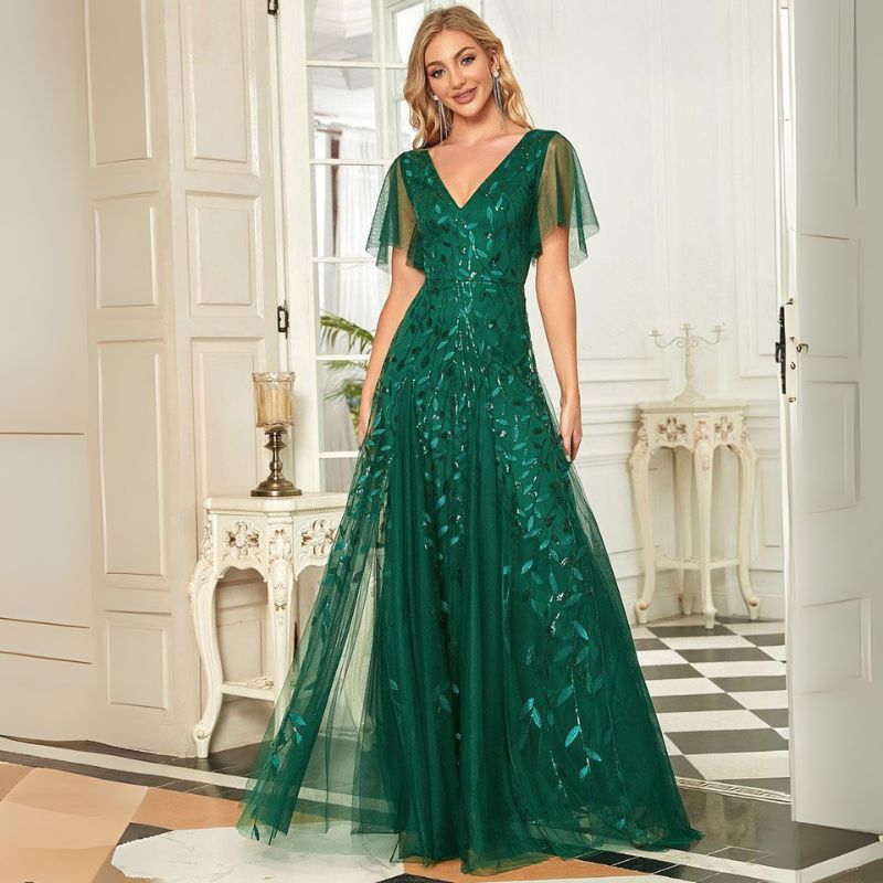 Fiora | Damen Hochzeitsgast Kleid | V-Ausschnitt und Pailletten