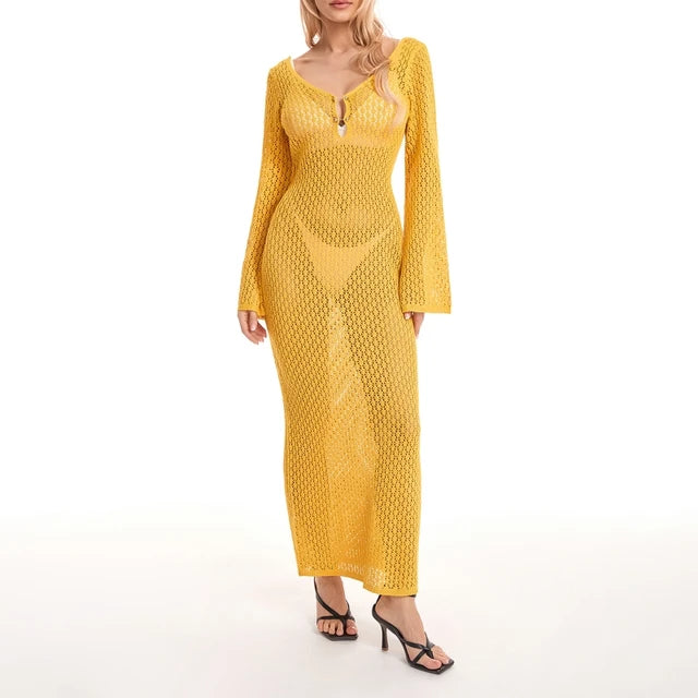 Farah | Langes gestricktes Strandkleid mit V-Ausschnitt Bikini-Cover-up Kleid-Gelb-S-Becker Boutique