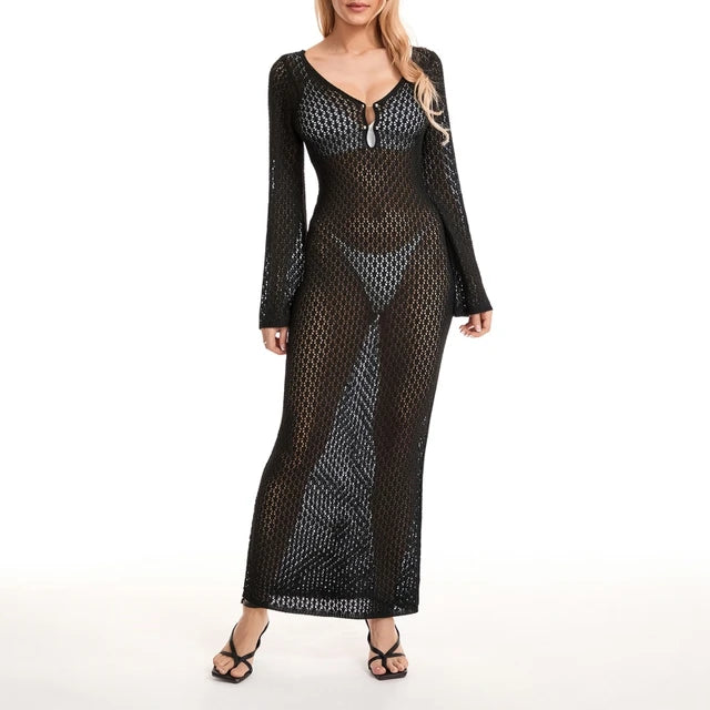 Farah | Langes gestricktes Strandkleid mit V-Ausschnitt Bikini-Cover-up Kleid-Schwarz-S-Becker Boutique