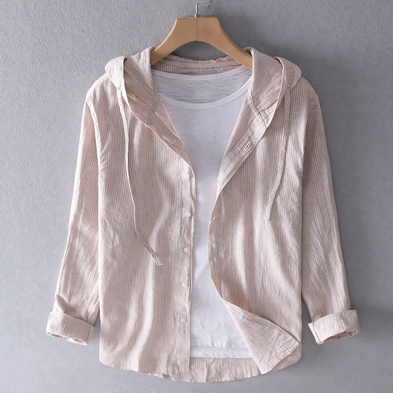 Arlo | Gestreiftes Baumwollehemd mit Kapuze-Khaki-M-Becker Boutique