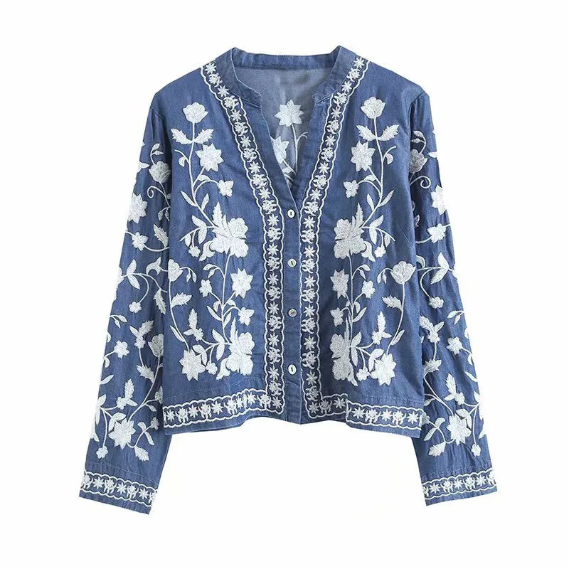 Boho | Denim Bloom Strickjacke-Blau-M-Becker Boutique