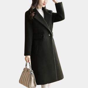 Colette | Lang skræddersyet frakke til kvinder med revers – raffineret struktur-Sort-Colette | Manteau Long Ajusté pour Femme avec Col Revers – Effet Laine Mélangée - €51-Bentzen Butik