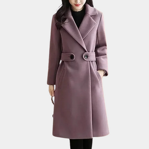 Colette | Lang skræddersyet frakke til kvinder med revers – raffineret struktur-Lilla-Colette | Manteau Long Ajusté pour Femme avec Col Revers – Effet Laine Mélangée - €51-Bentzen Butik