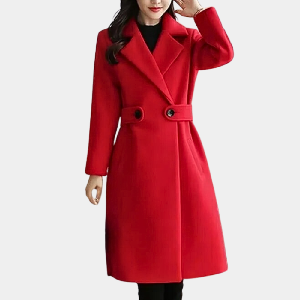 Colette | Lang skræddersyet frakke til kvinder med revers – raffineret struktur-Rød-Colette | Manteau Long Ajusté pour Femme avec Col Revers – Effet Laine Mélangée - €51-Bentzen Butik