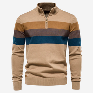 Caleb | Gestreifter Retro-Pullover mit halbem Reißverschluss-Khaki-S-Becker Boutique