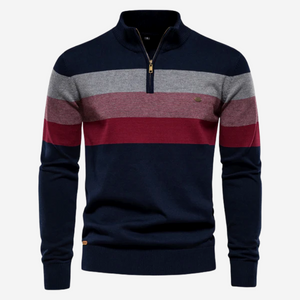 Caleb | Gestreifter Retro-Pullover mit halbem Reißverschluss-Rot-S-Becker Boutique