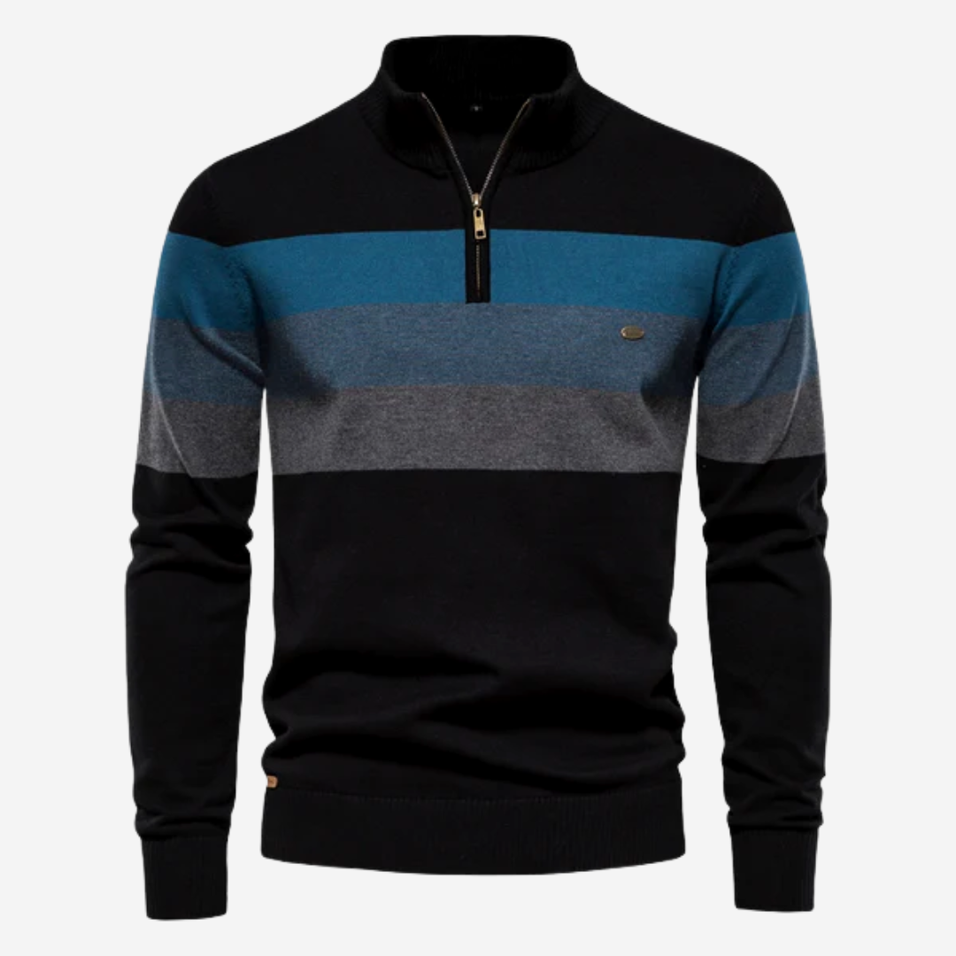 Caleb | Gestreifter Retro-Pullover mit halbem Reißverschluss-Schwarz-S-Becker Boutique